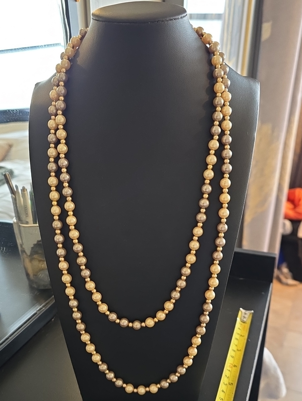 Vintage Long Strand Gold, Taupe, and Champagne Pearl Necklace (E)